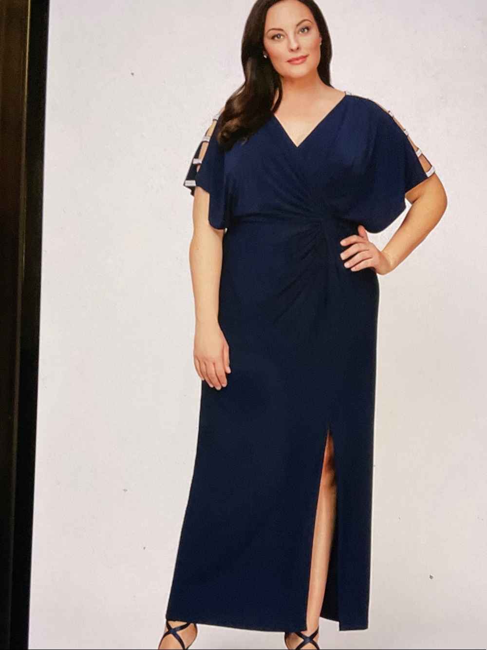 Alex Evenings Navy “Fiona” Maxi Gown with Front Slit